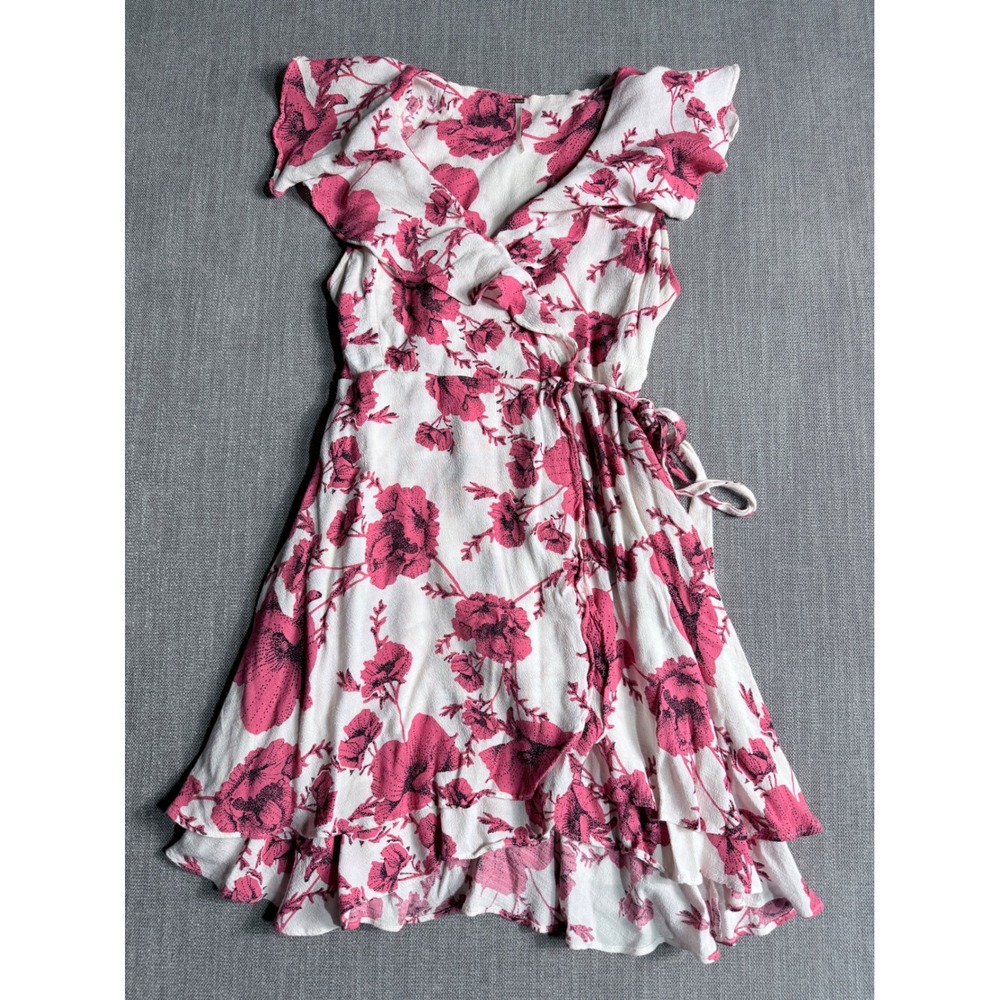 Free People Pink White Floral Ruffle Wrap Dress Medium OB706440 Poppy Print